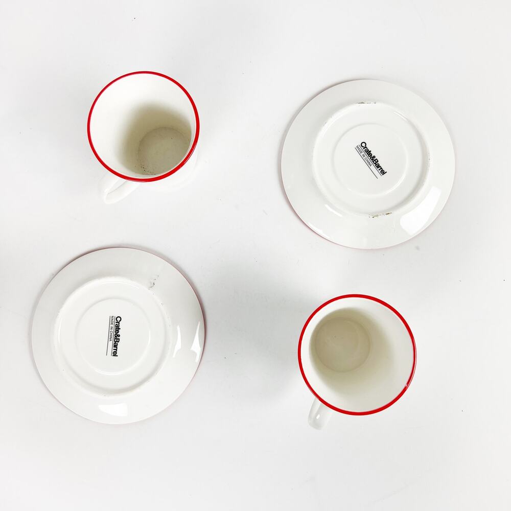 Crate & Barrel white with red rim espresso cup and saucer set of two - Picture 2 of 4